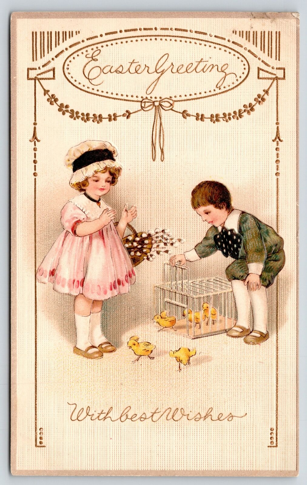 Victorian Easter~Elegant Lil Boy & Girl Let Chicks Run from Cage~W Series 449/3