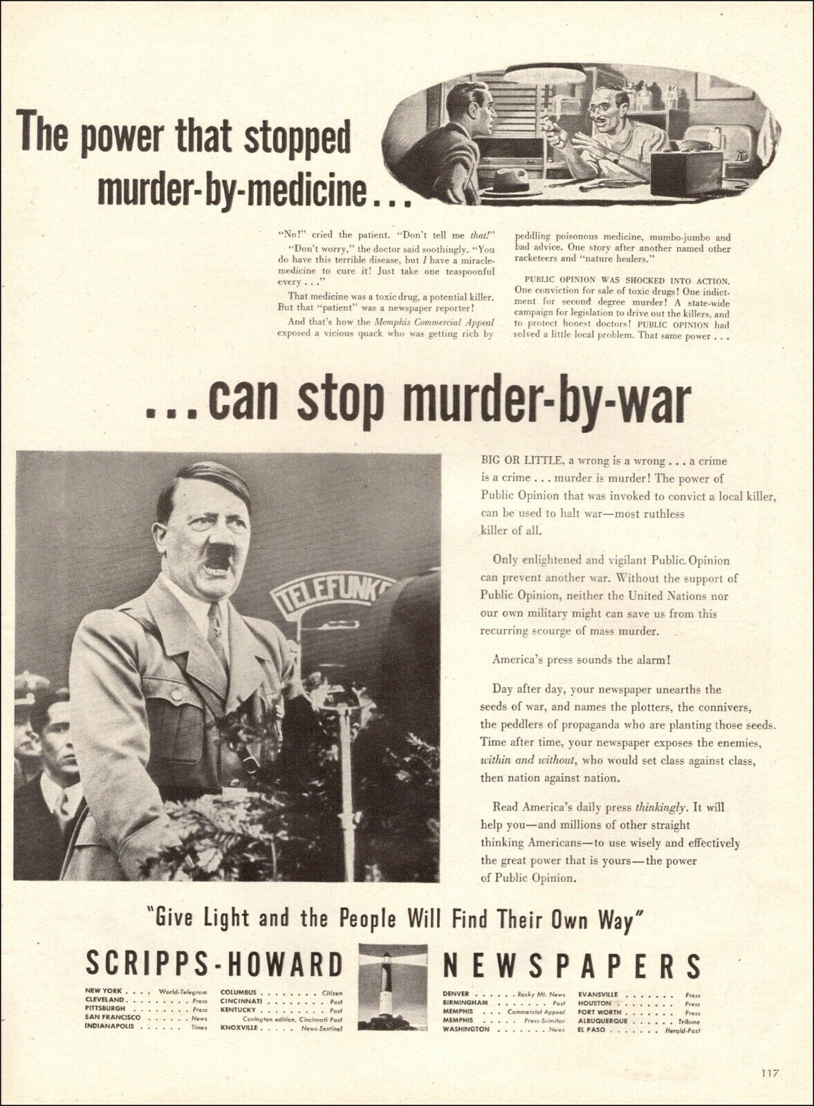 1944 WWII AD for SCRIPPS HOWARD Newspapers can stop MURDER BY WAR 112721