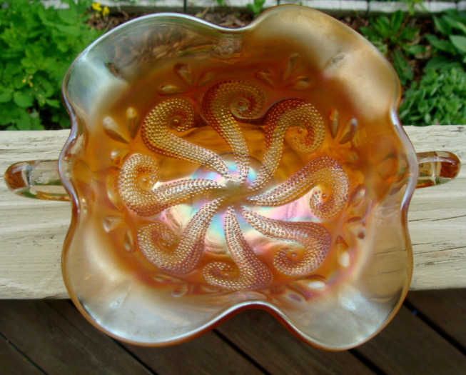 Antique Marigold Iridescent Carnival Glass Compote Bowl With Handles And Octopus