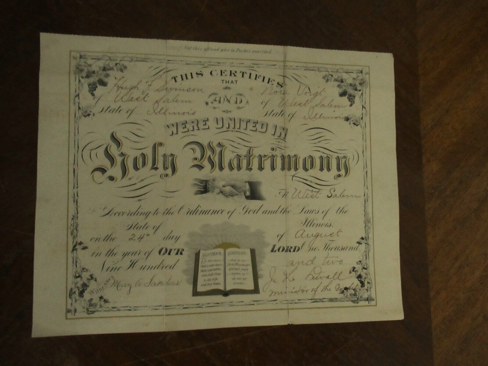1902 HOLY MATRIMONY WEDDING CERTIFICATE * VINTAGE* WEST SALEM, IL VOIGT-SWINSON