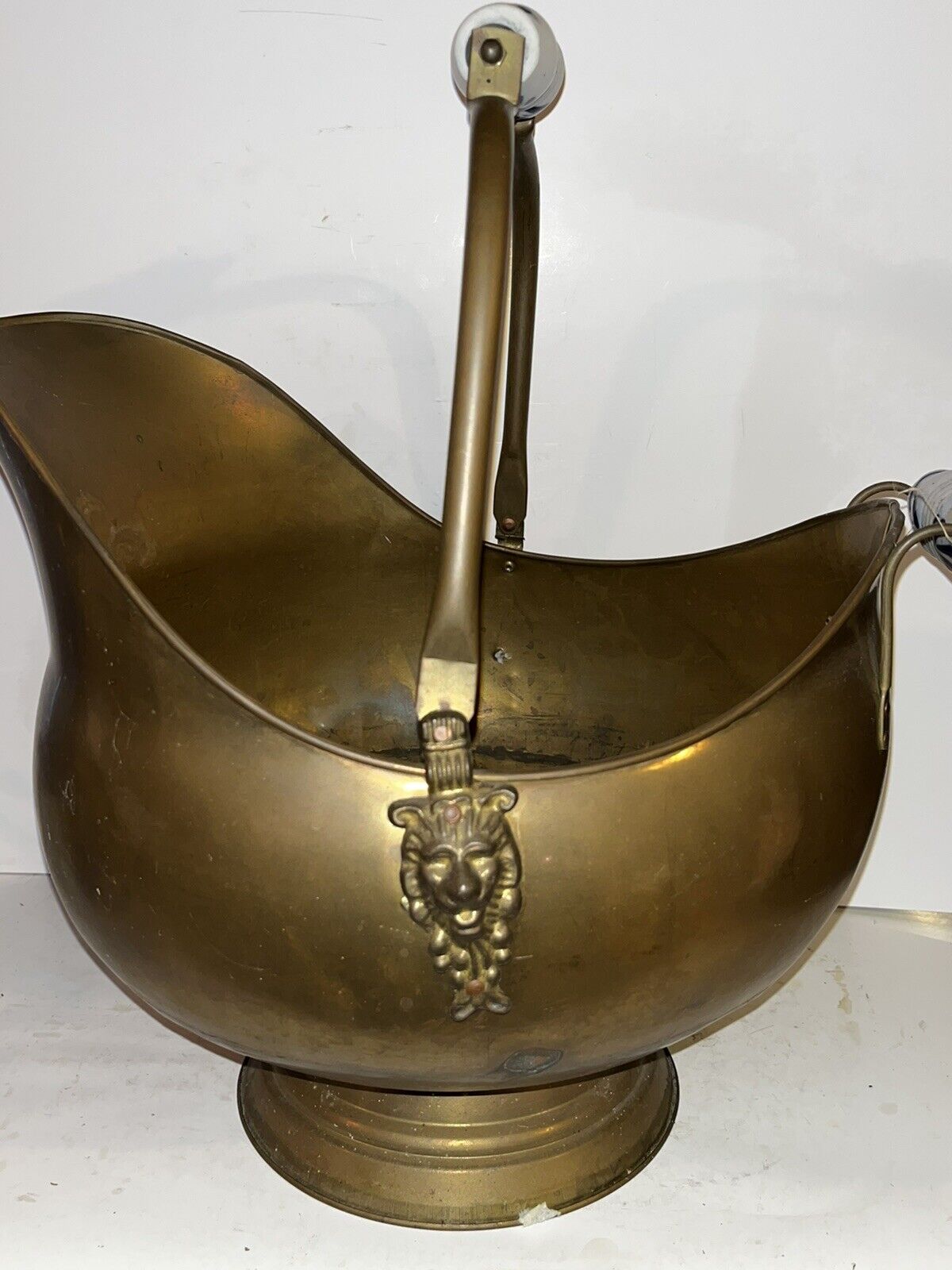 Huge Antique Brass Coal Scuttle Bucket with Delft Porcelain Handle