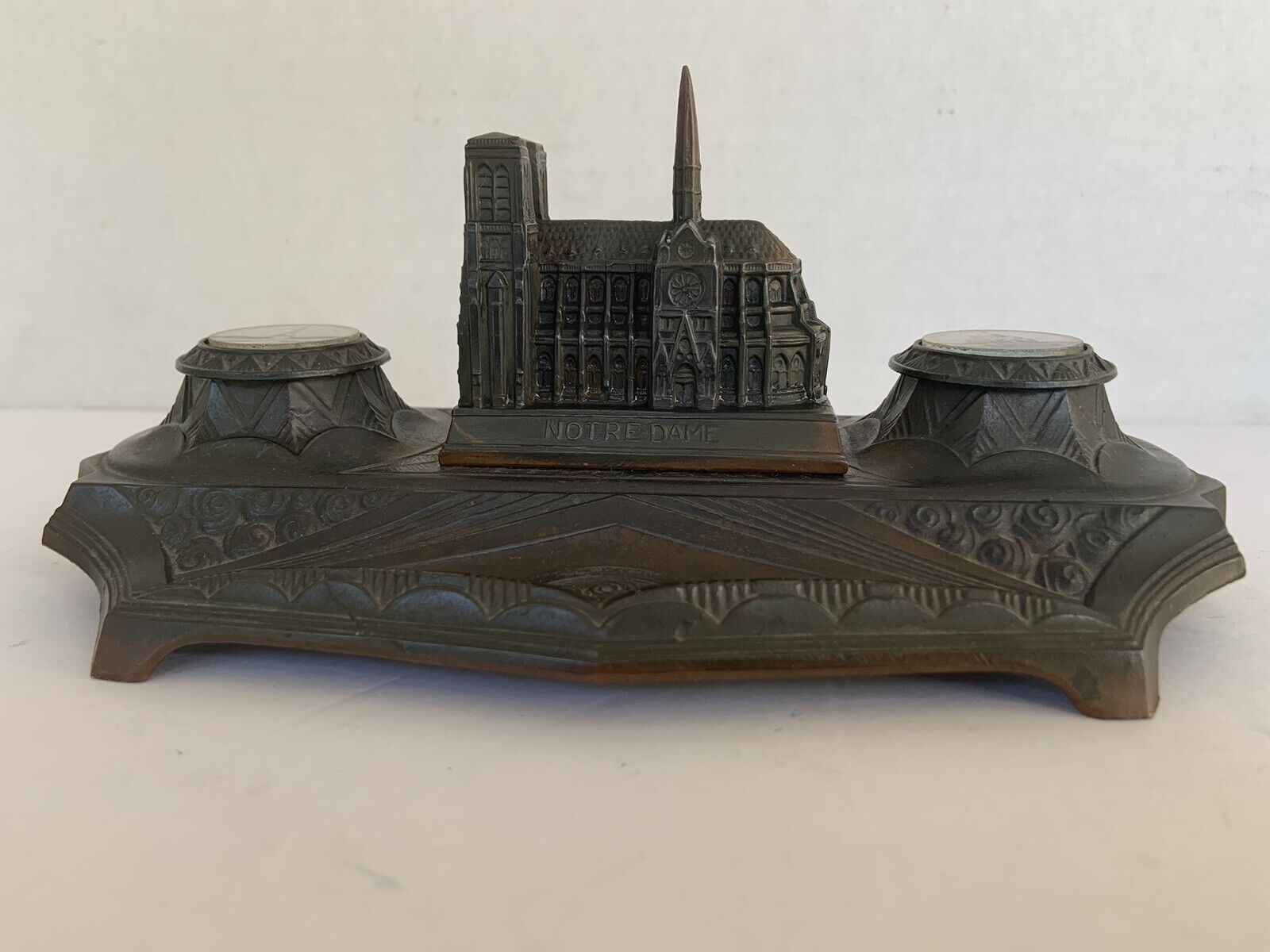 Antique Notre Dame Cathedral Art Deco metal double inkwell/pen holder