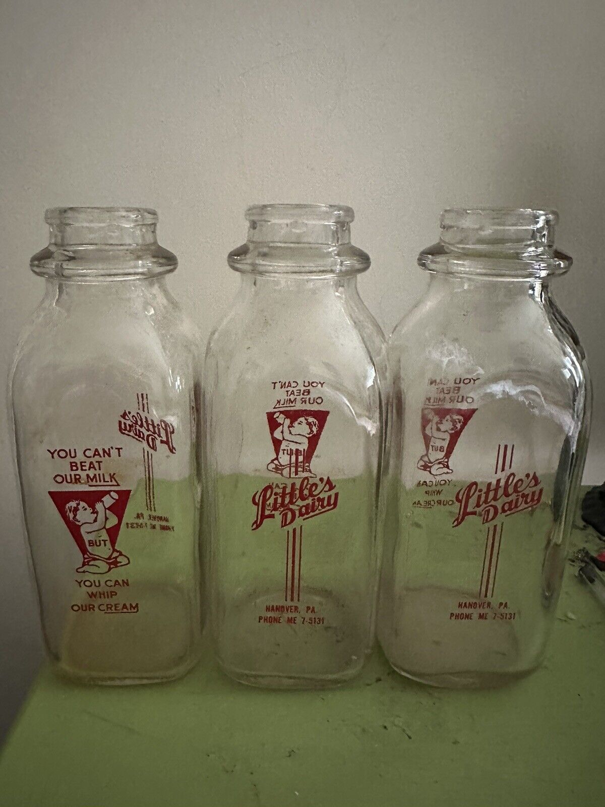 Vintage Dairy Bottles 3 Total Hanover PA Littles Dairy One Pint
