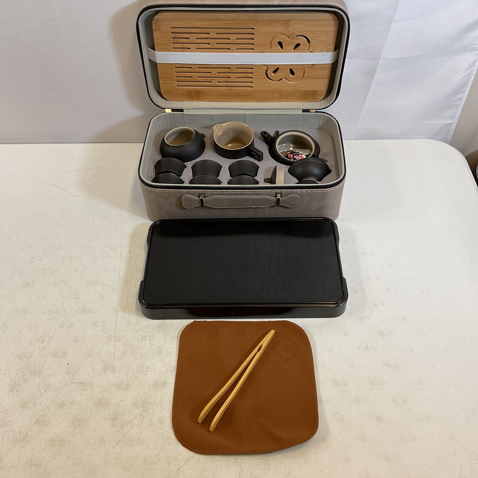 ICHAG Black Grey Ceramic Portable Asian Tea Set With Leather Case 13 Pieces