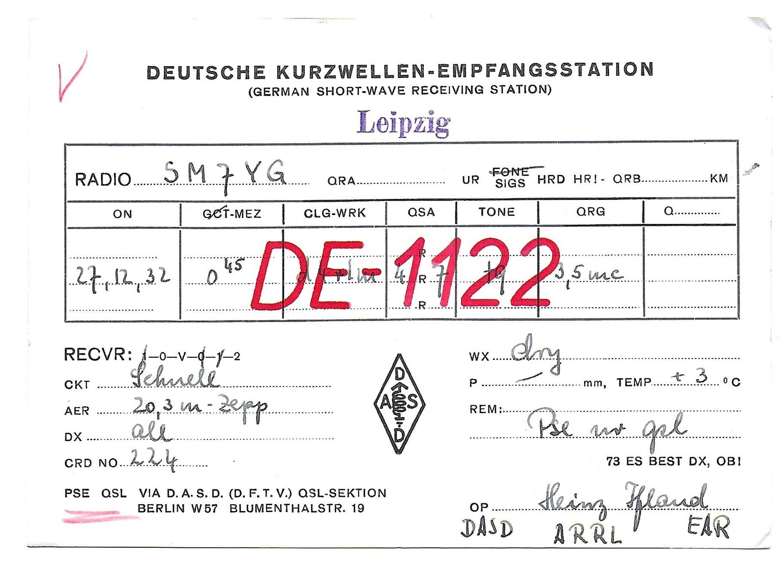 QSL Radio DE 1122 Leipzig Germany ham 1932 Receiving Station Heinz Ifland DX SWL