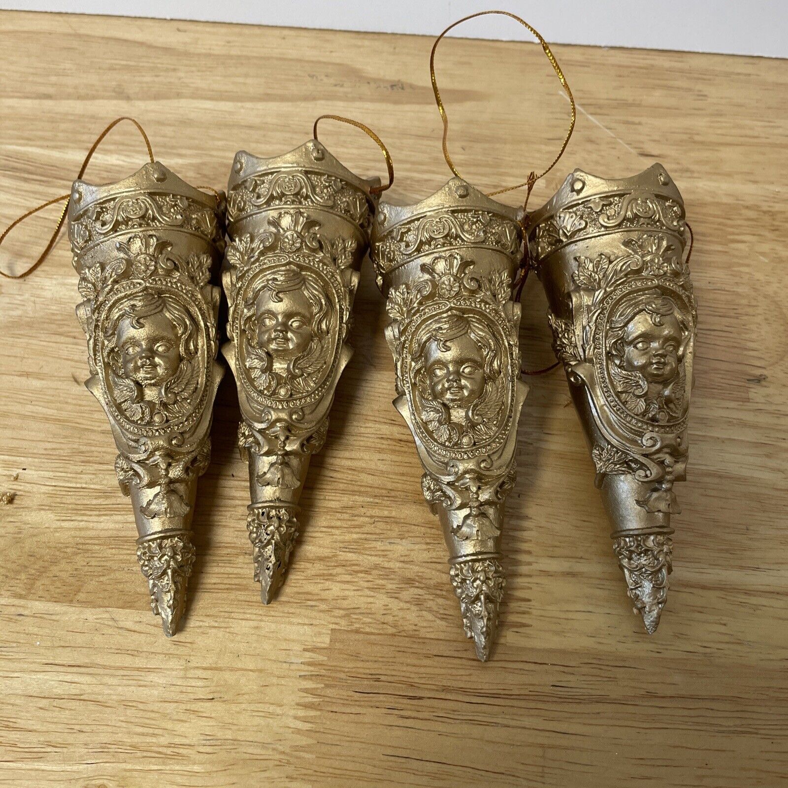 Victorian Gold Cornucopia Christmas Ornaments Candy Cone Cherub Angel Vtg Resin