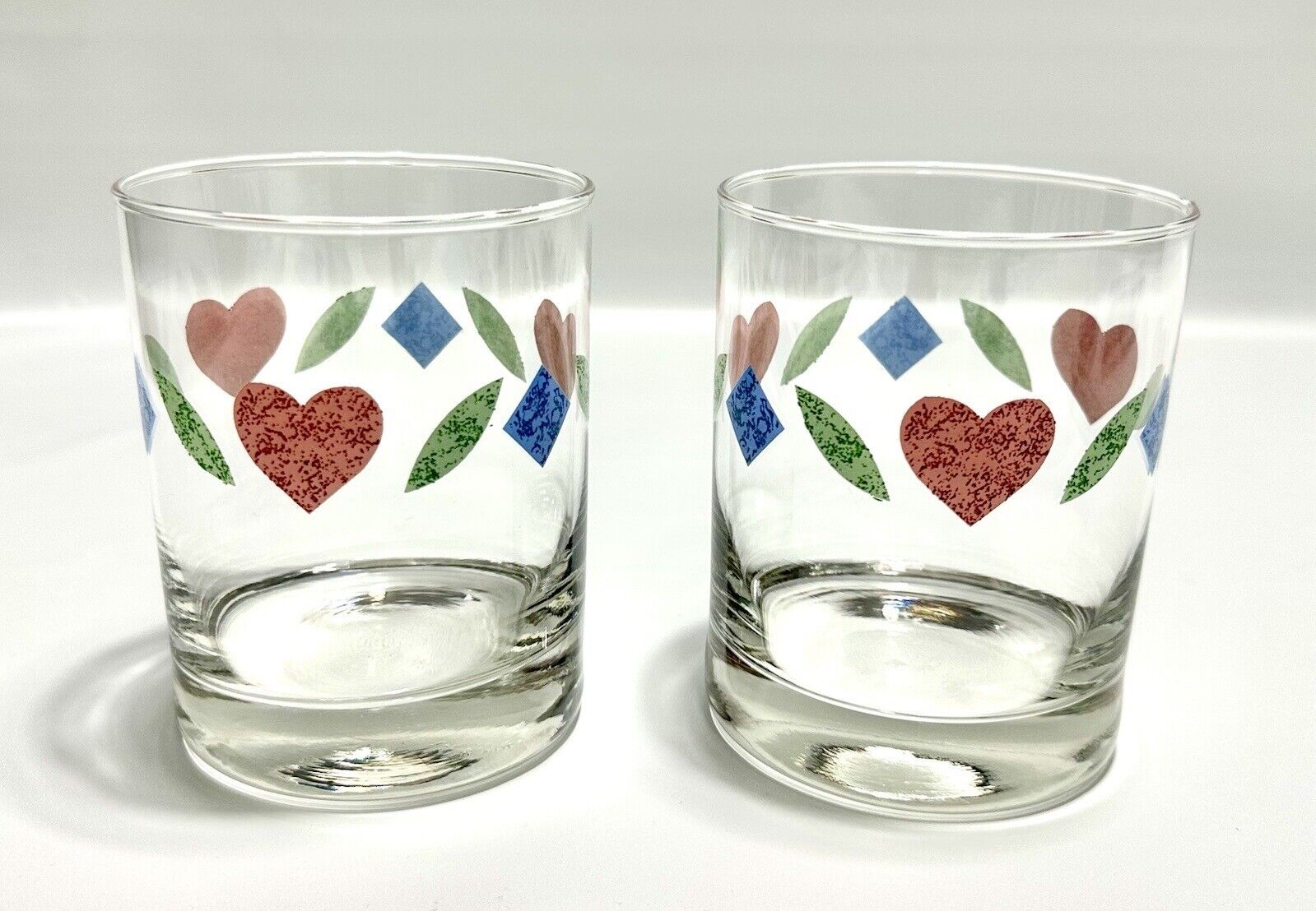 2 Vintage Corning Quilt Pink Heart Blue Diamond Old Fashioned Glasses 12oz