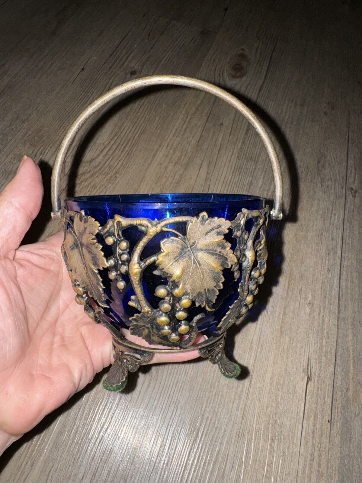 Antique Metal Basket & Cobalt Blue Glass Sugar Candy Dish Basket Bowl Footed