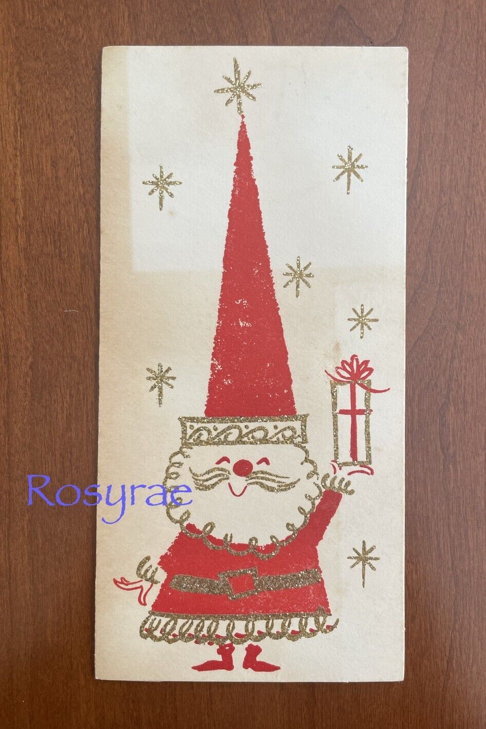 VTG Atomic MCM 1960s Santa Holds Present Gold Glitter Christmas Greeting Card
