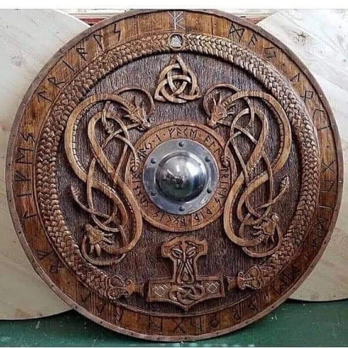 Medieval Wooden Norse 24 Carving Round Celtic Ornament Battle New Viking Shield.