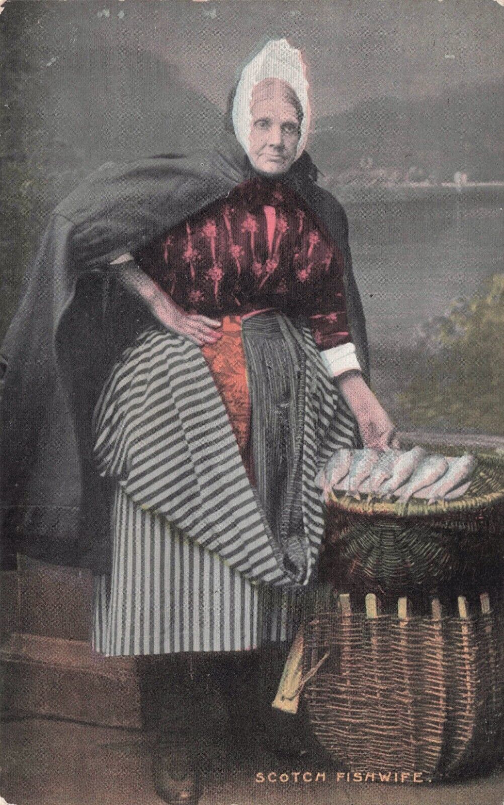 Scotch Fishwife Striped Apron & shawl  Millar & Lang Vintage Postcard c 1905-20s
