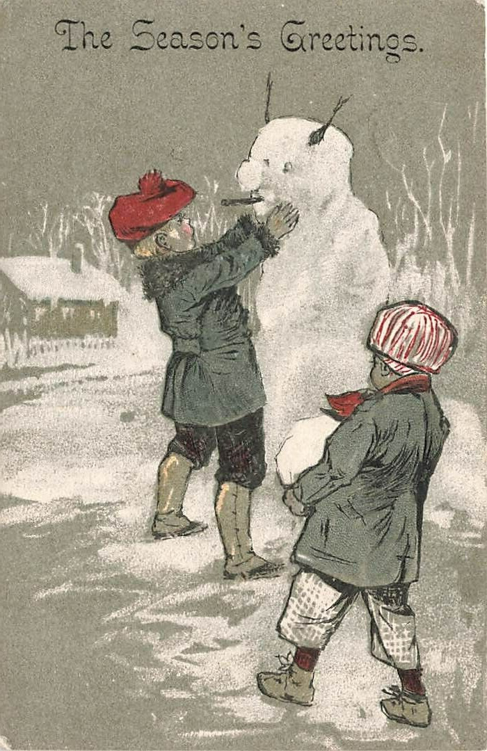 1904 Children building a snowman  Christmas Greetings postcard