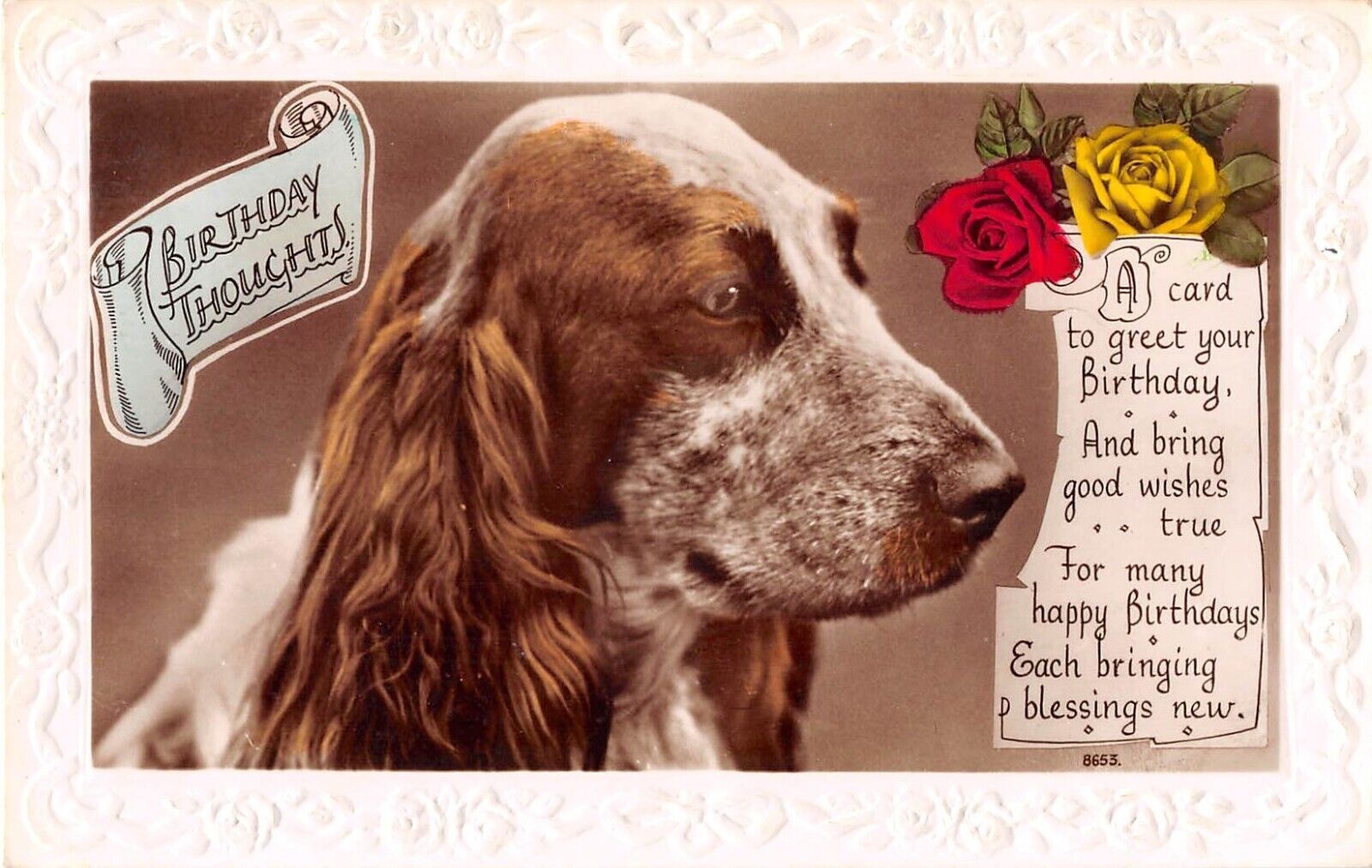 Embossed Borders on Old Real Photo Birthday PC-Handsome English Springer Spaniel