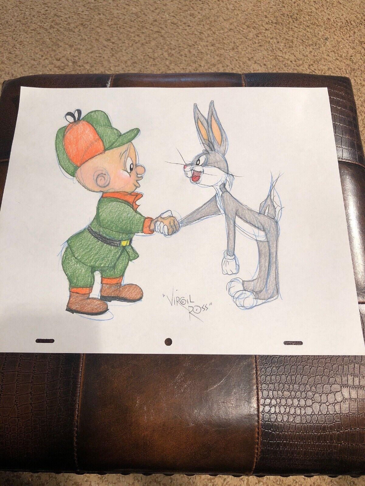 Virgil Ross Sketch - Bugs Bunny And Elmer Fudd Shaking Hands. Signed 12.5x10.5”