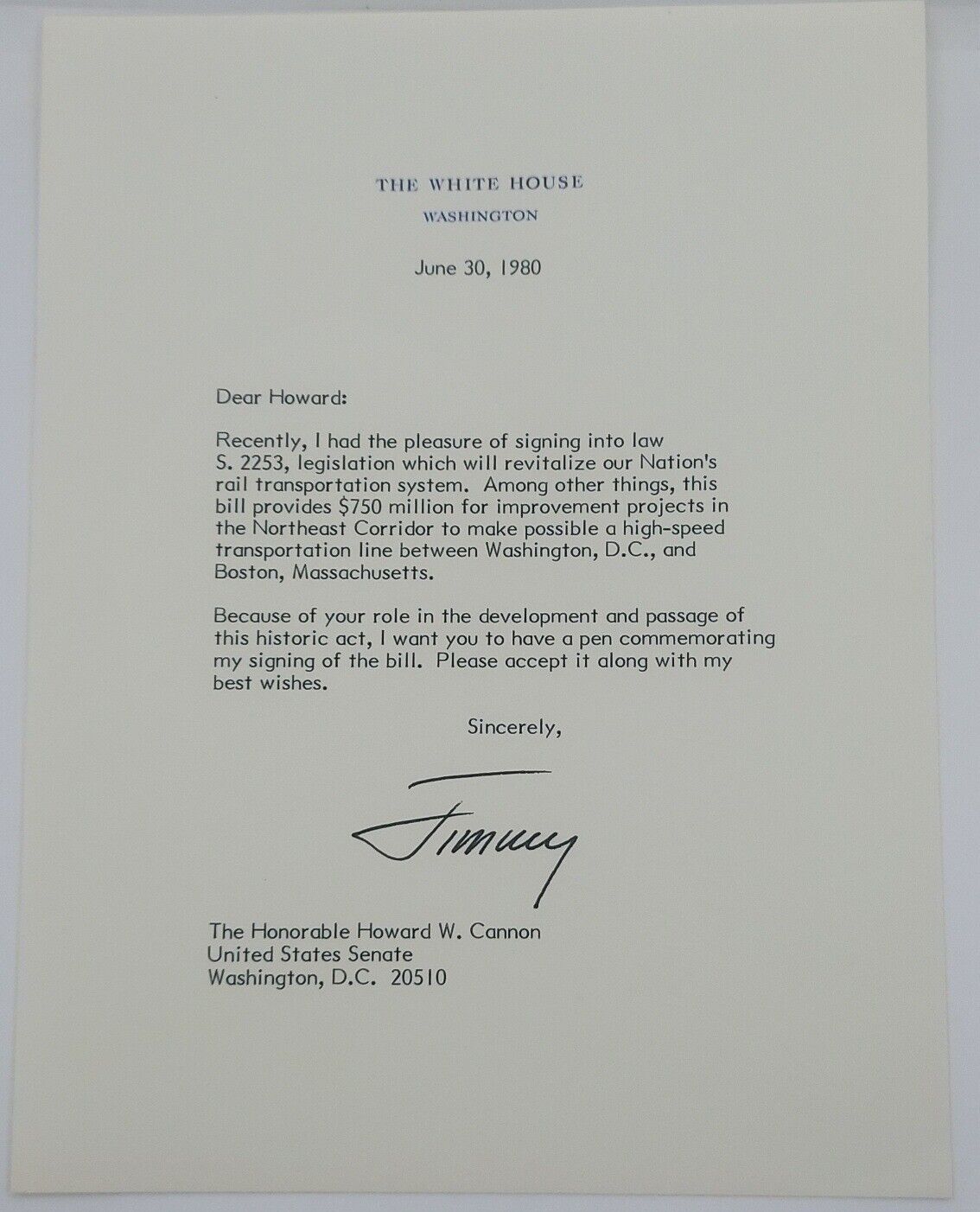 Jimmy Carter Signed 1980 White House Letter To Sen. Cannon About Rail Transport