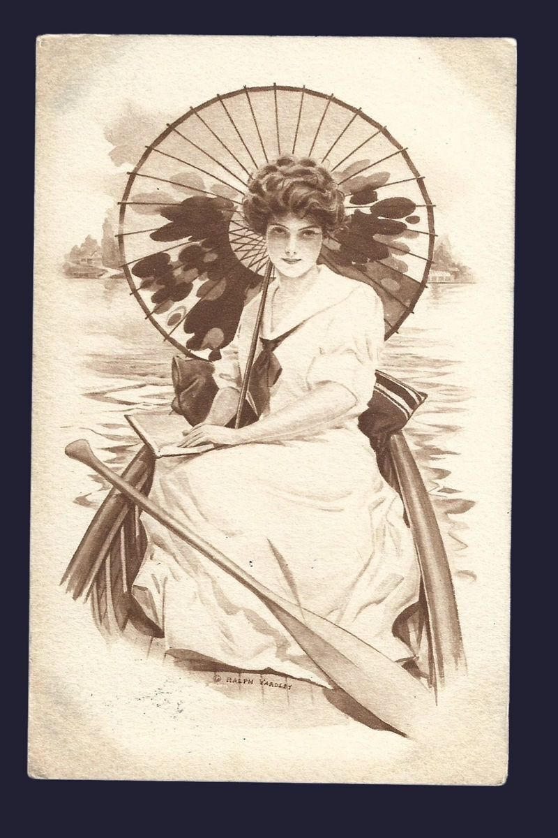 Vintage Postcard Postmarked July 1912 Artist Drawn Lady Holding Parasol Umbrella