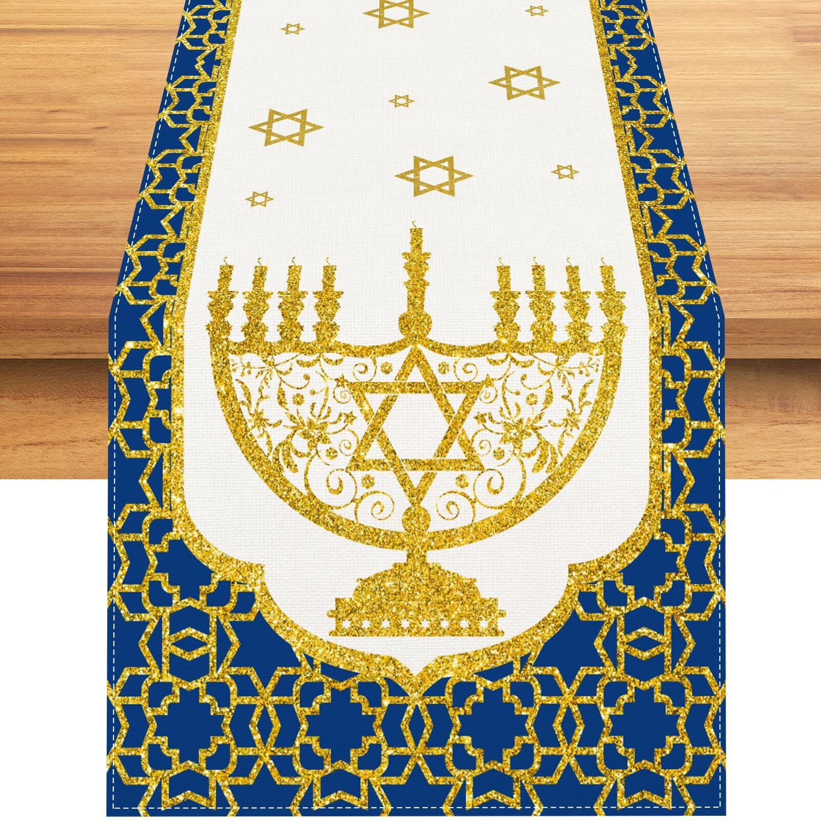 Linen Hanukkah Table Runner Chanukah Tablecloth Jewish Holiday Menorah Star of D