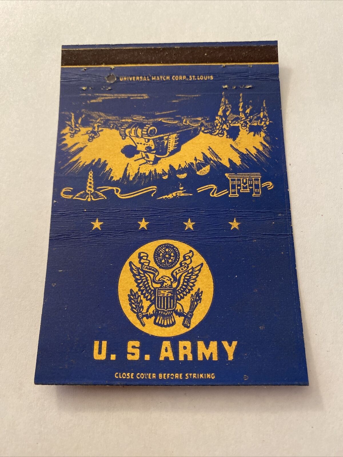Matchbook Cover Matchcover US Military Navy 40 Strike Blue & Yellow Tank Scene