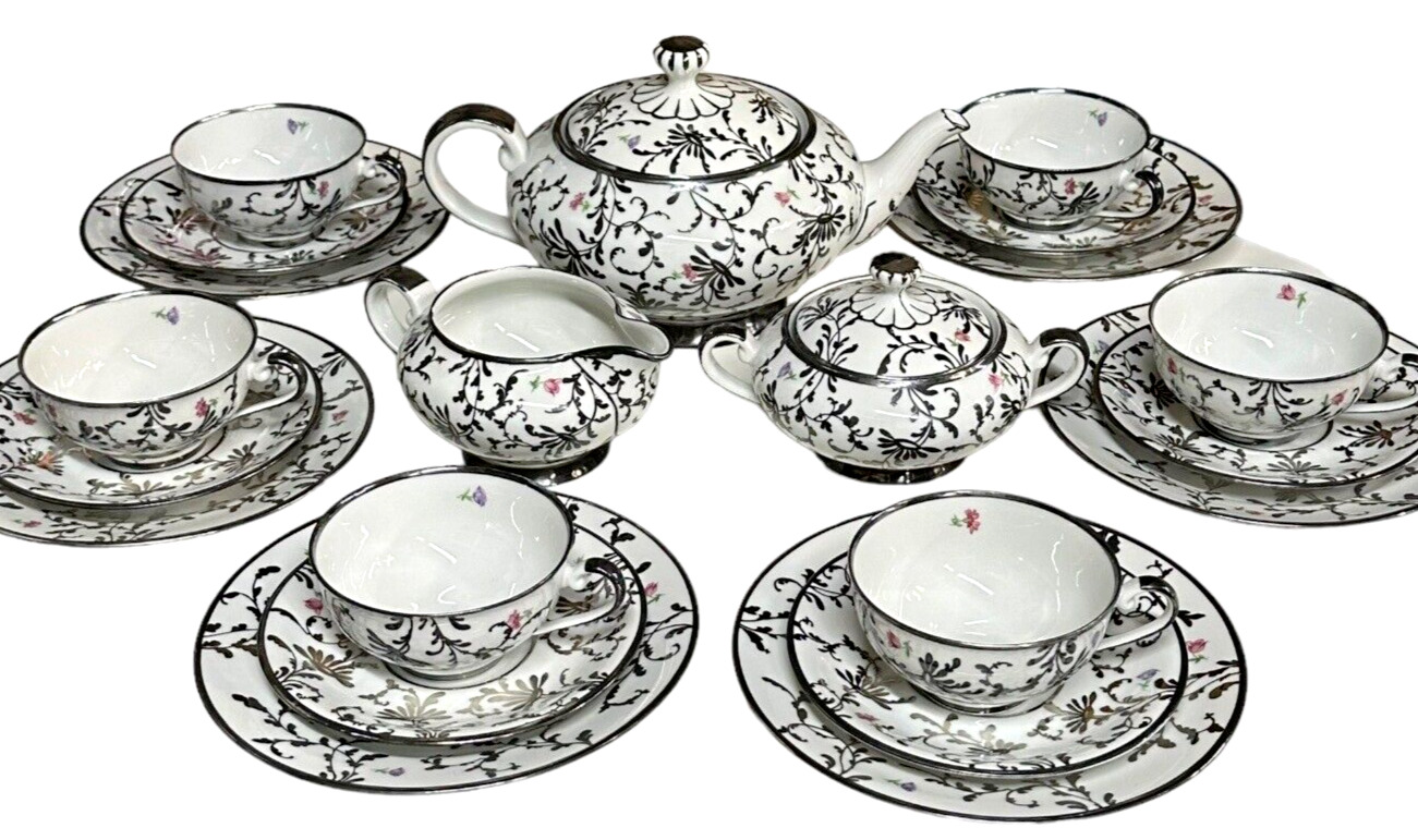 Czech Bohemia Tea Set for 6 Art Nouveau Sterling Silver Overlay 23 Pieces EUC
