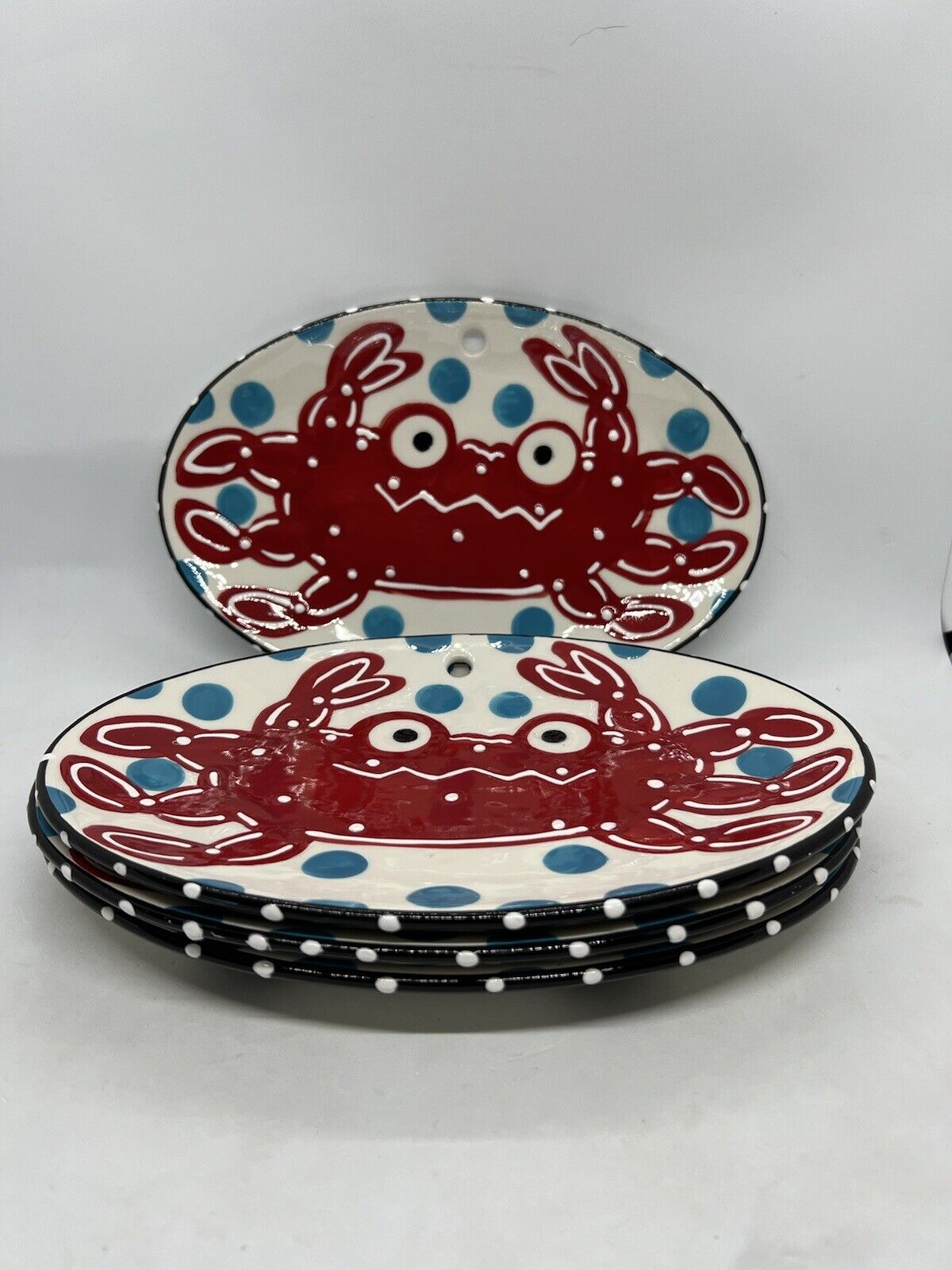 Clay Chick Ceramics Festive Red Crab & Polka Dot Plates NWOT Set of 4