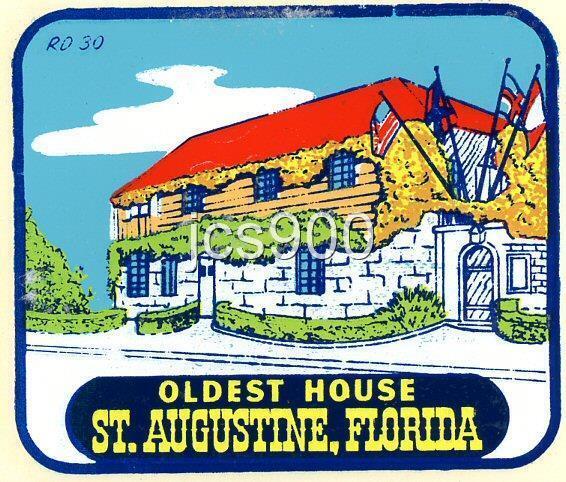 VINTAGE ST. AUGUSTINE FLORIDA STATE OLDEST HOUSE SOUVENIR TRAVEL TRANSFER DECAL