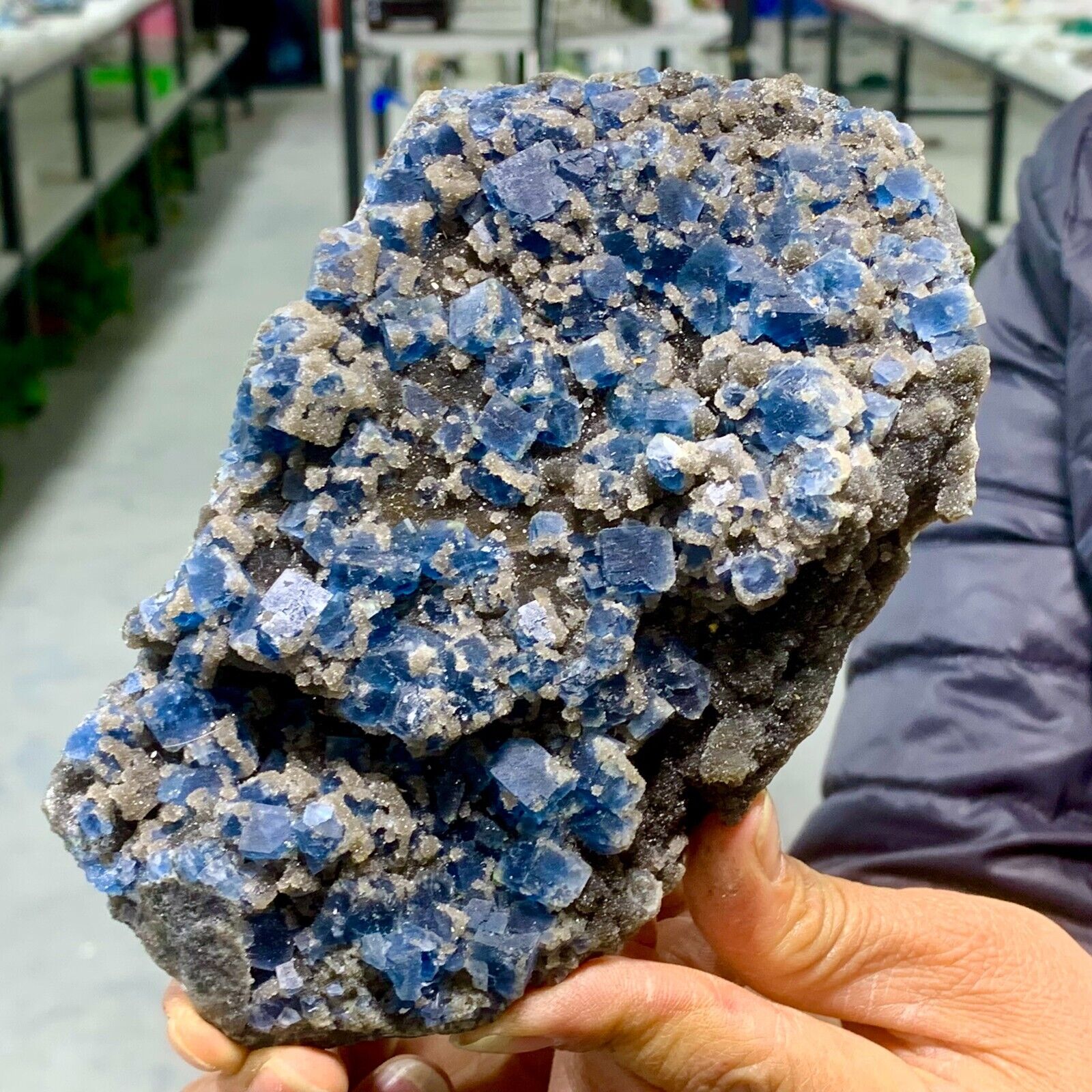 1.61LB Rare transparent blue cubic fluorite mineral crystal specimen/China