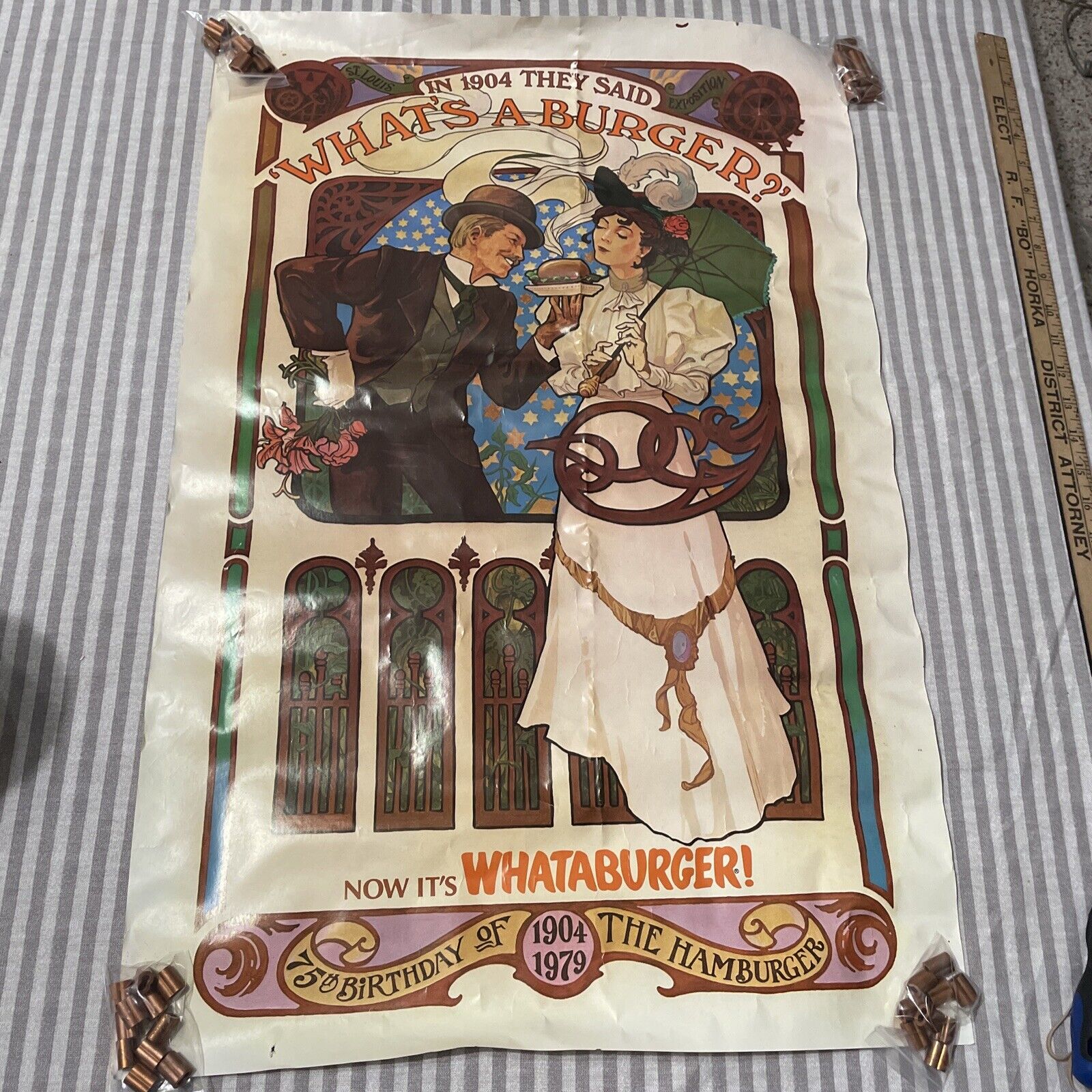 Vintage Whataburger Poster 1979 75th Anniversary Of The Burger 19 x 28 1/2” 