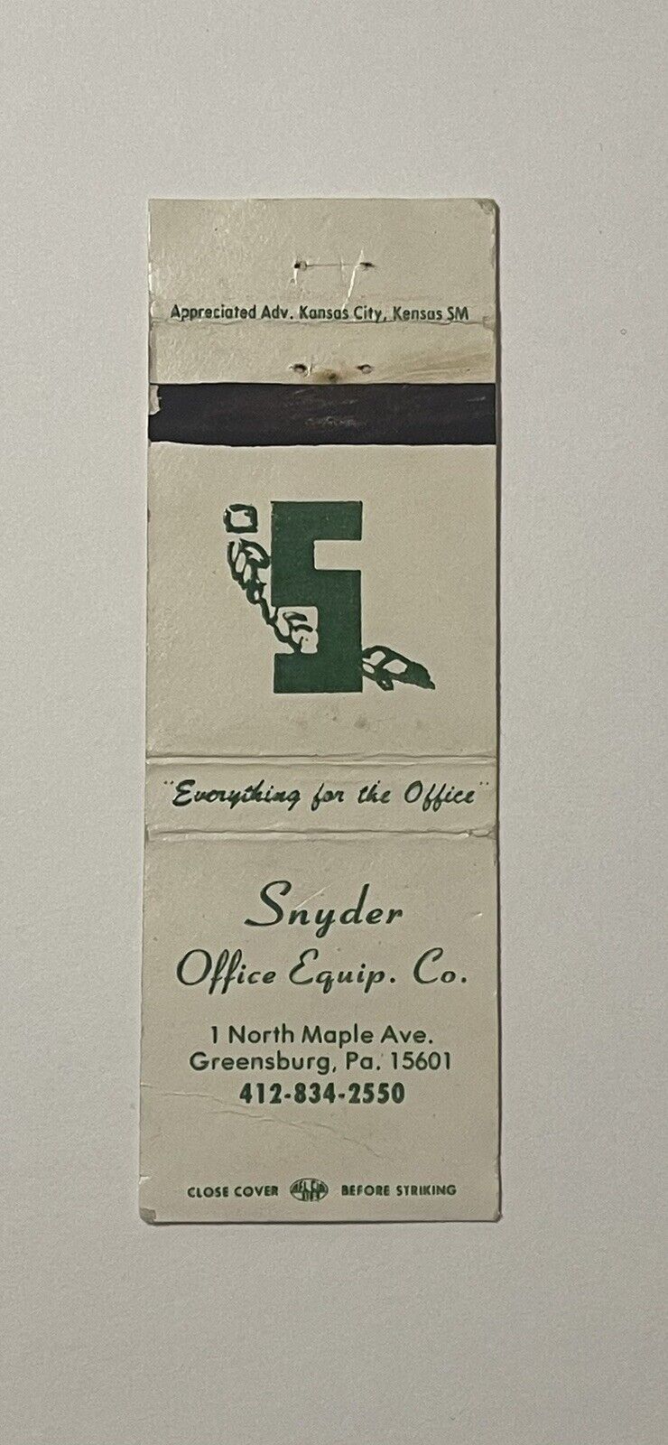 Snyder Office Equipment Co Greensburg PA Vintage Match Cover