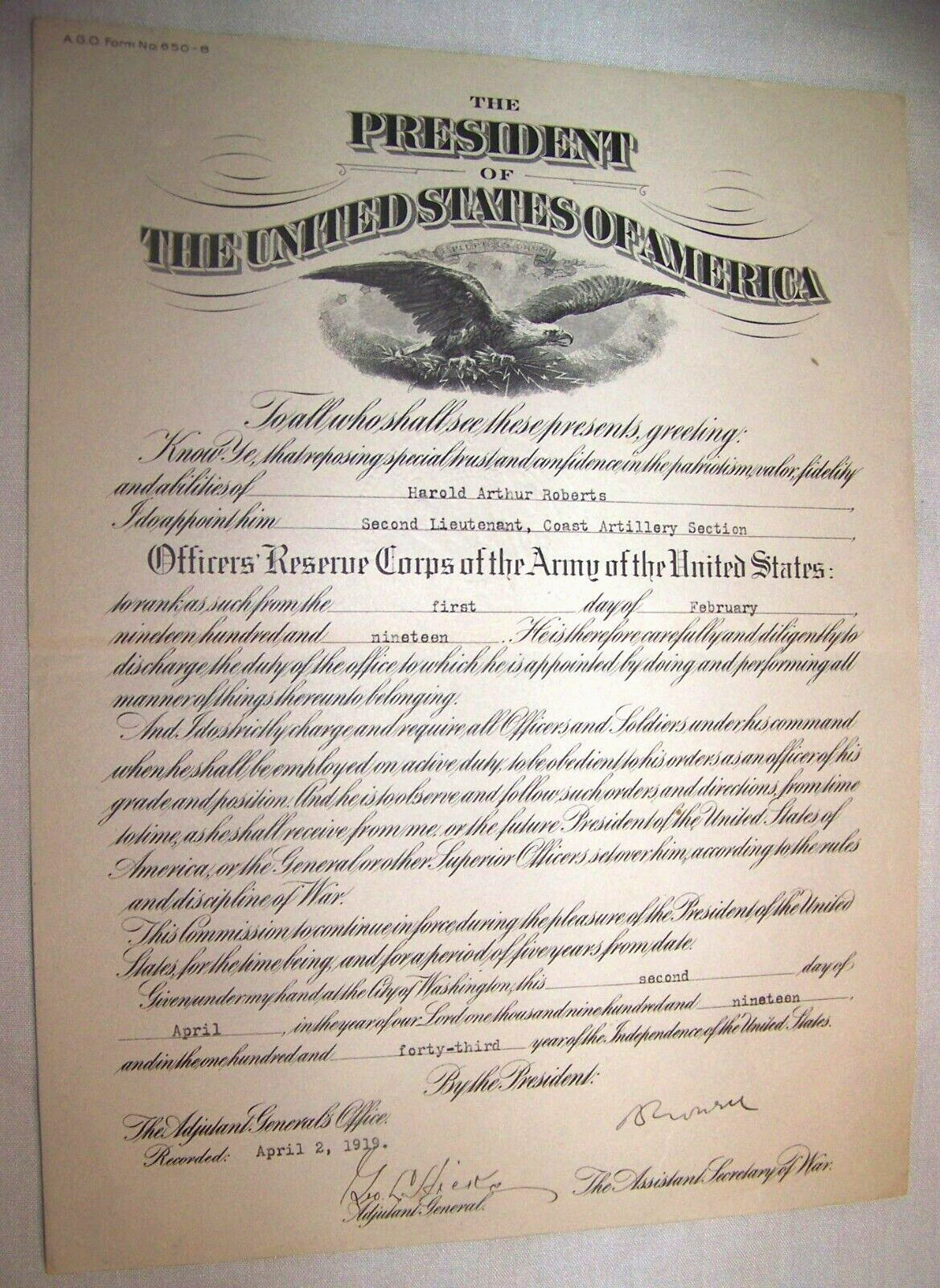 1919 2ND LIEUTENANT US COAST GUARD OFFICER APPOINTMENT ARMY RESERVE DOCUMENT