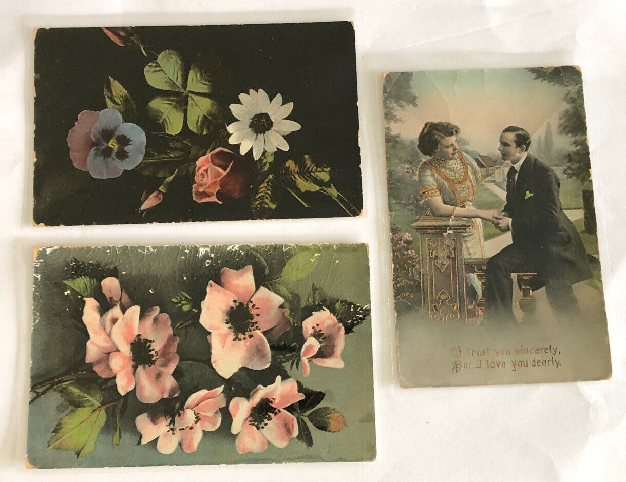 Three Rare Vintage Postcards Romance and Flowers Lacquer? Painted Early 1900\'s