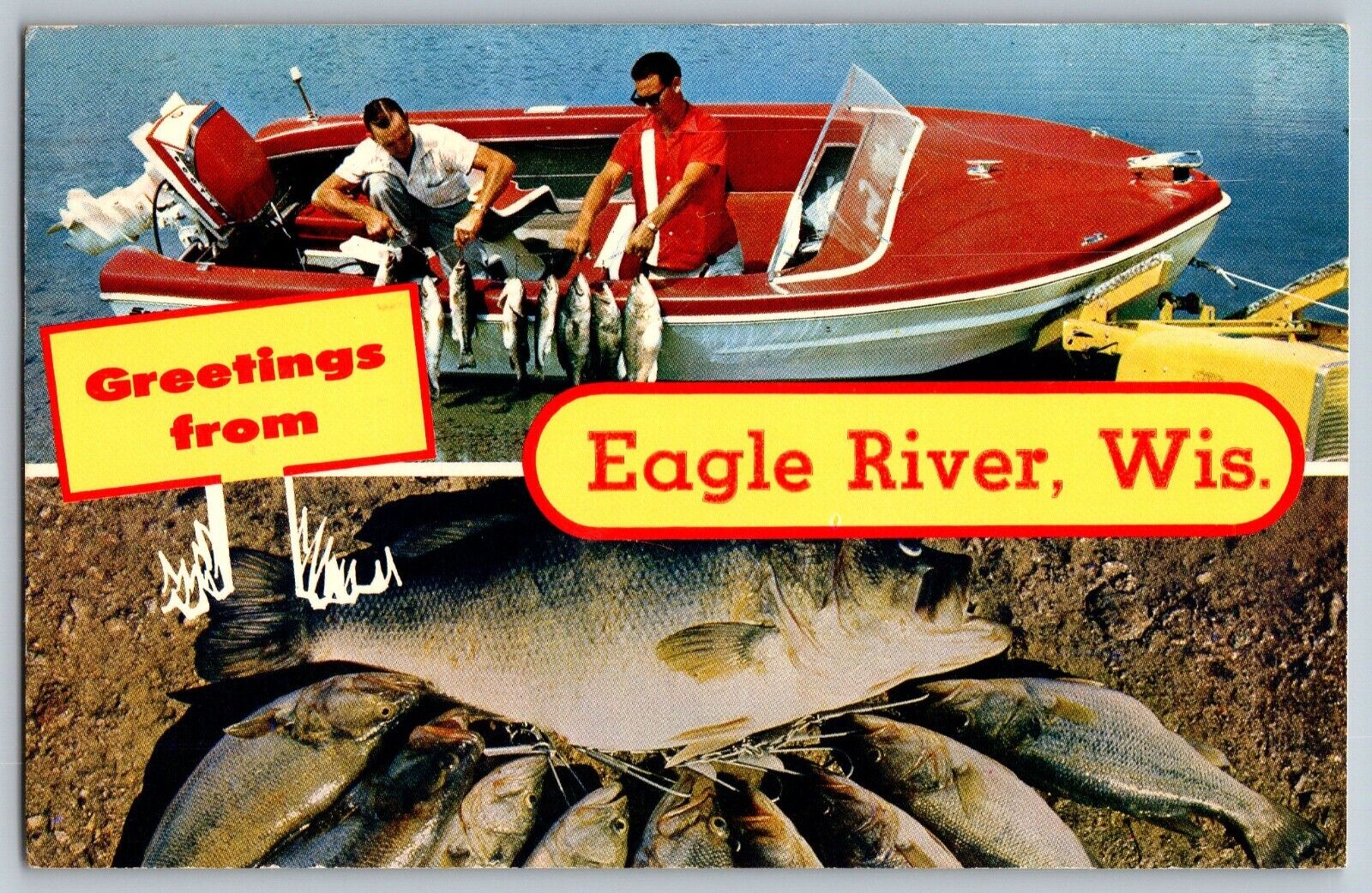 Eagle River, Wisconsin WI - Greetings - Hunting and Fishing - Vintage Postcard