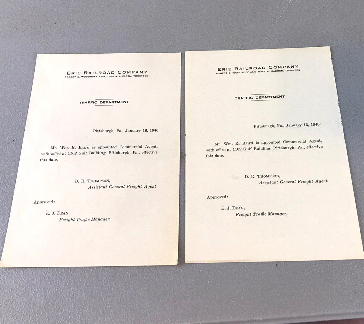 Two 1940 Erie Railroad Company Traffic Department Memos Notices Paper Ephemera
