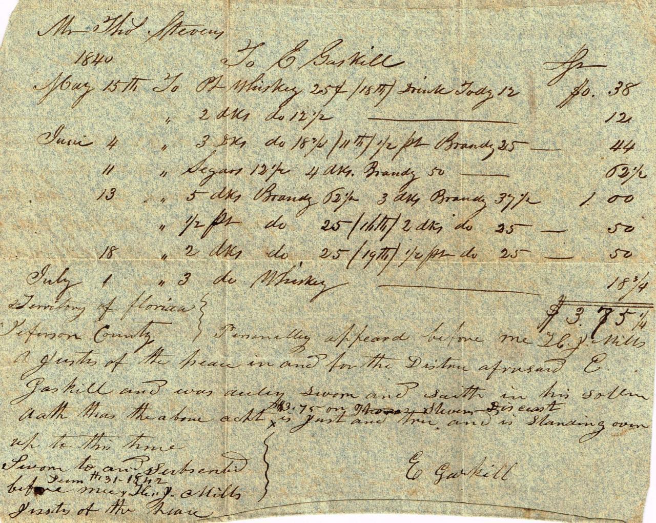 Jefferson County, Territory of Florida, Certified Liquor Document, 1840-Vintage