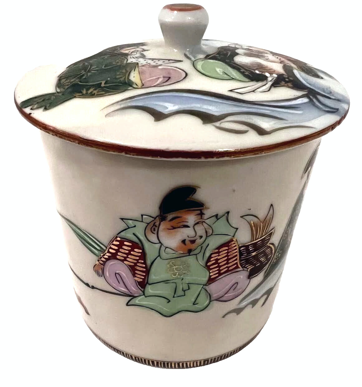 Vintage Yunomi Kutani Yaki Hand Painted Porcelain Lidded Tea Cup