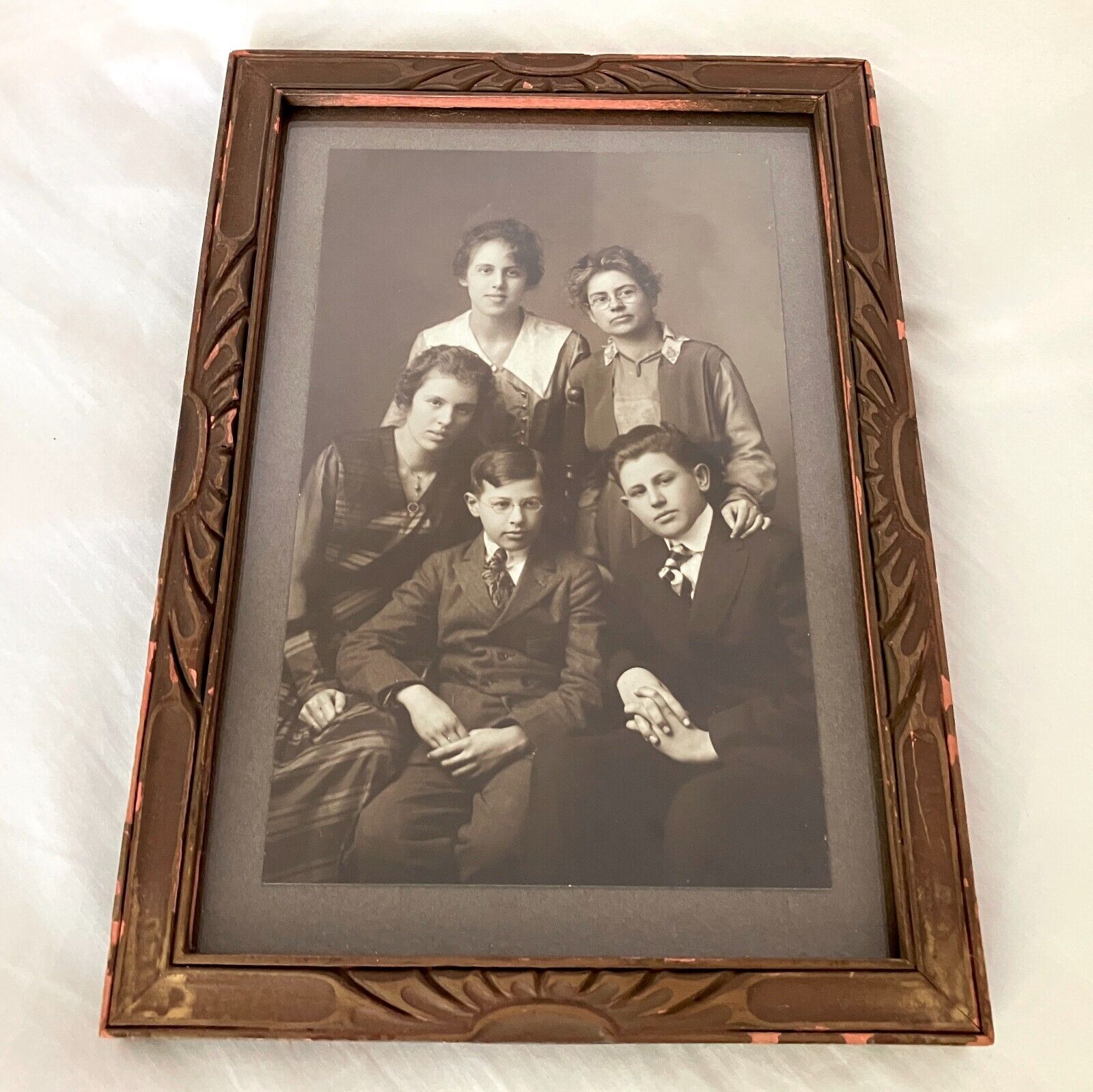 Antique 1910s WW1 Era Framed Family Photo, Mother, Daughter & Sons in Suits