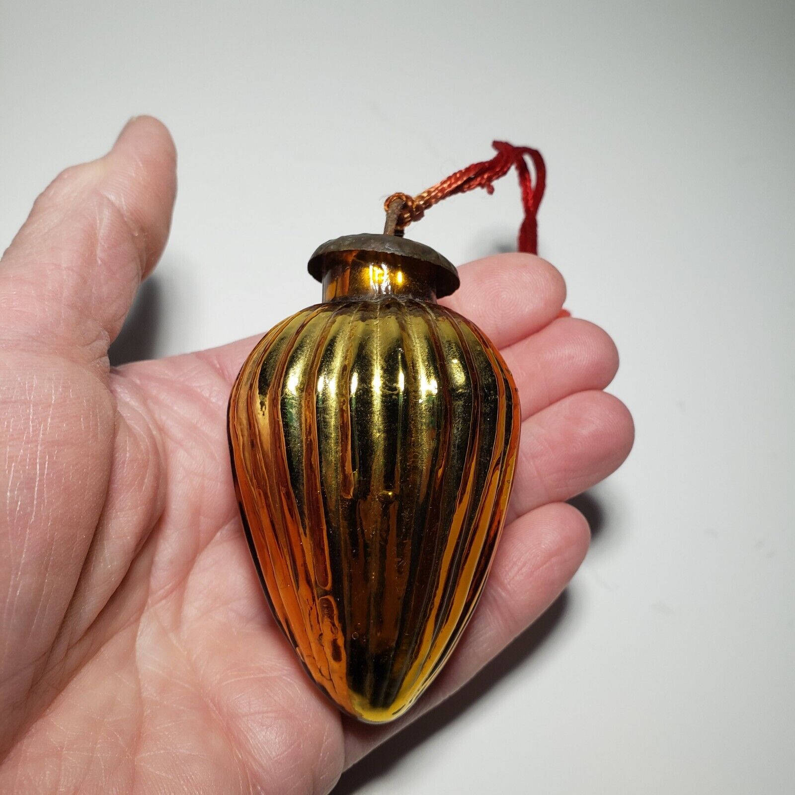 Vintage Kugel? Christmas Ornament Ribbed Amber Gold Tear Drop