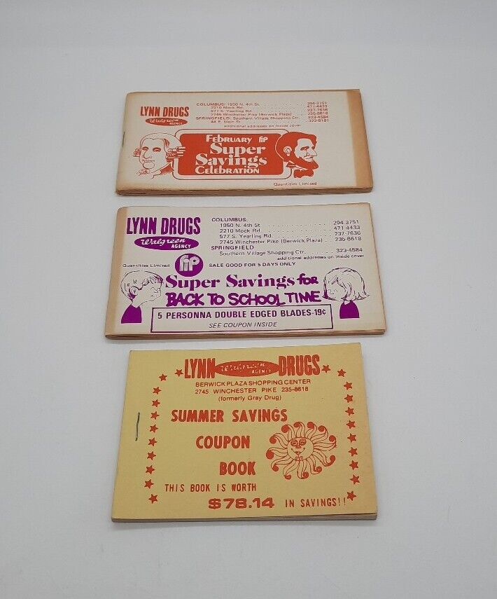 Vintage 70s Lynn Drugs Ohio Store Pharmacy Advertising Coupon Sale Book LOT of 3