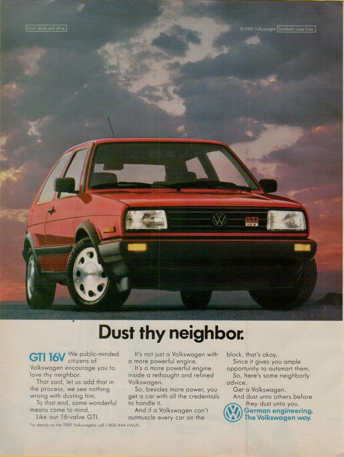 1989 Volkswagen GTI 16V Red Dust Thy Neighbor Sunset Original Color Print Ad