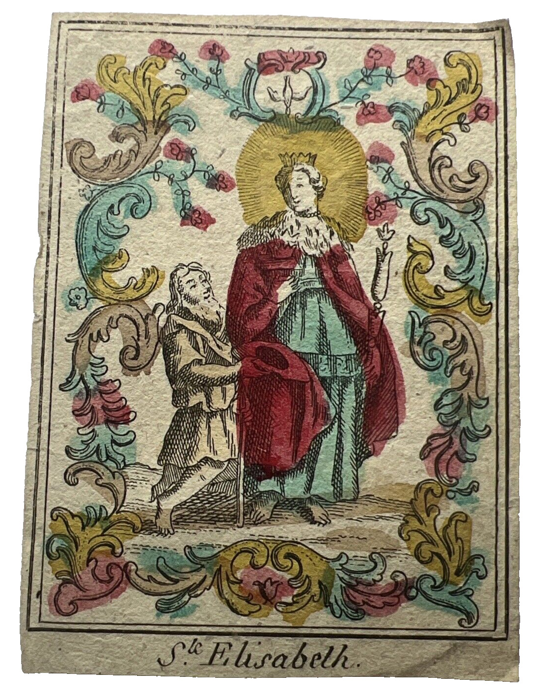 Pious image Canivet enhanced Laid paper 18th century reliquary Saint Elisabeth
