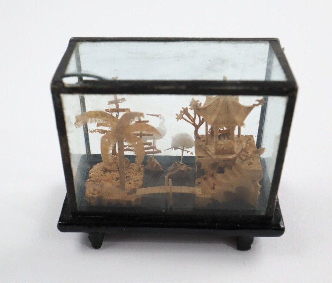 Vintage Mini Chinese Carved Cork Diorama In Glass Case Cranes Collectible