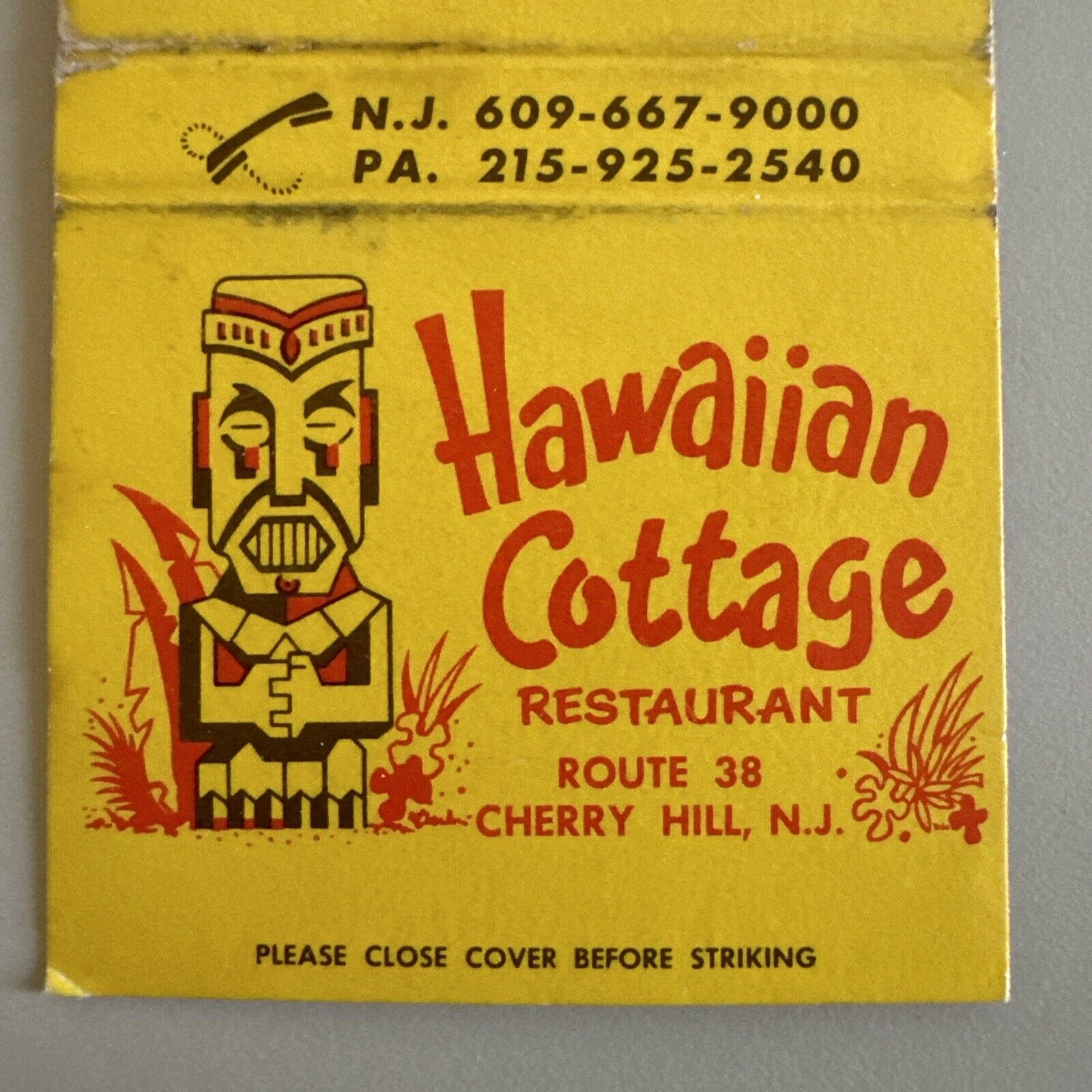 Vintage 1970s Hawaiian Cottage Tiki Bar Cherry Hill NJ Matchbook Cover