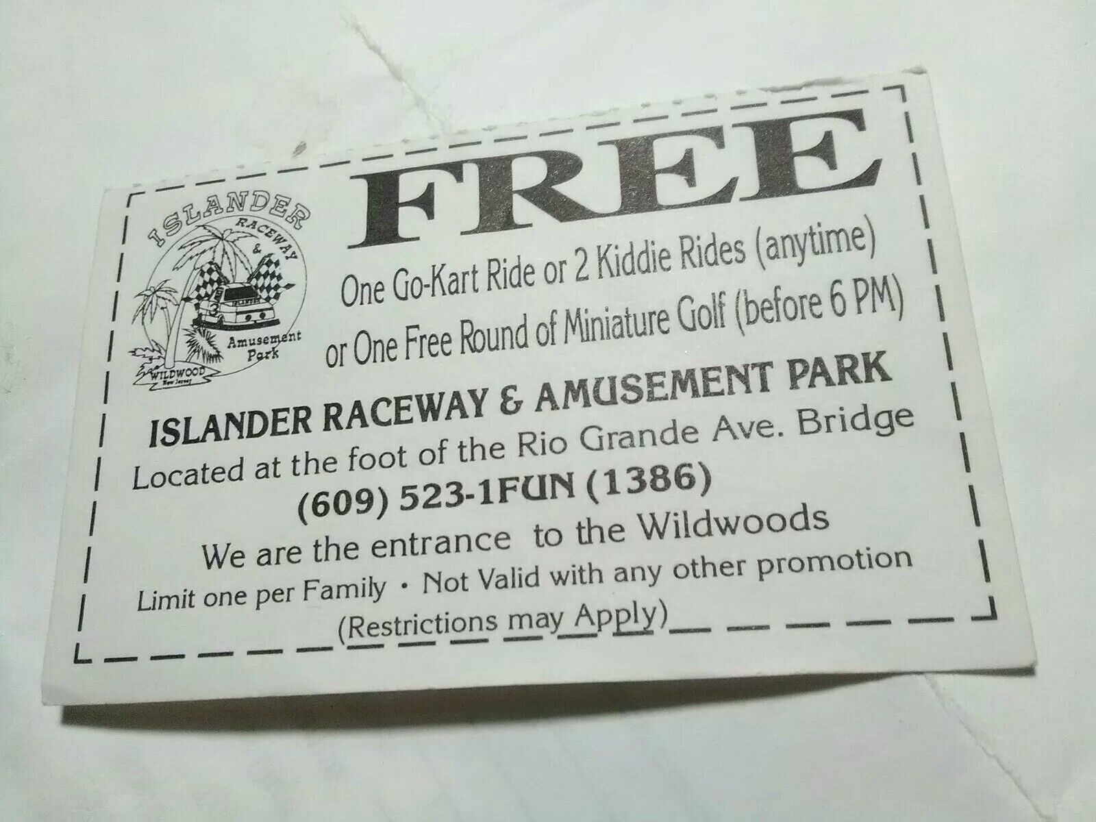 Super Rare Vintage Original Islander Raceway Amusement Park Wildwoods NJ Ticket