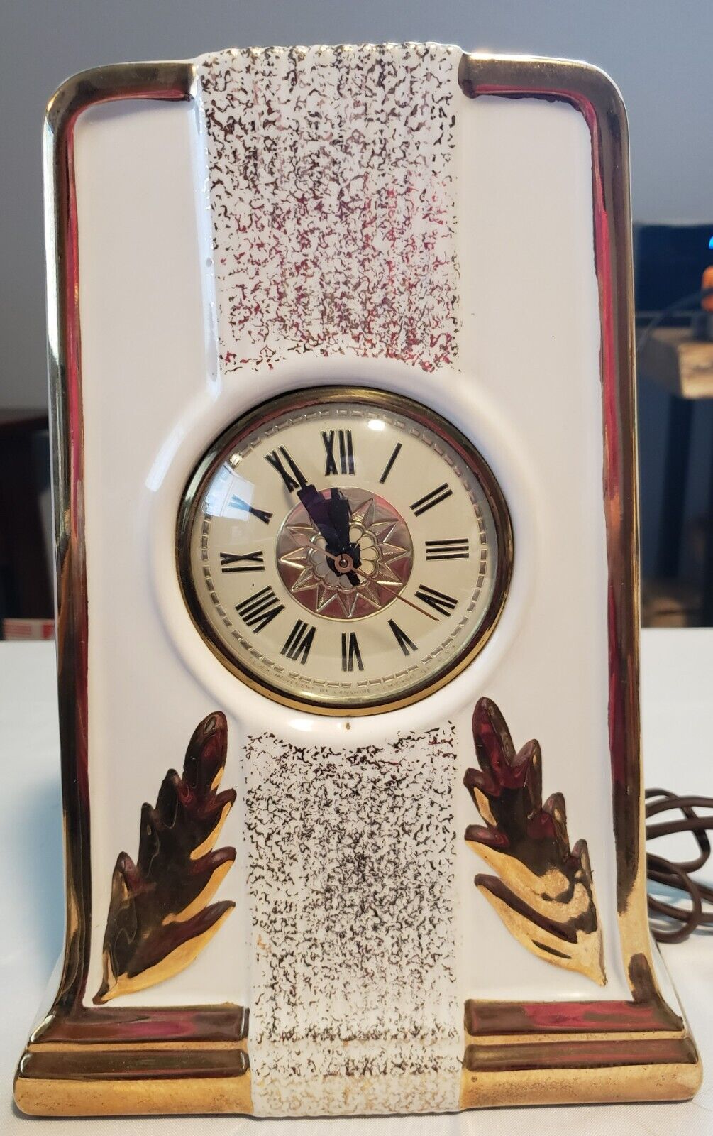 Lanshire Art Deco LeMieux Mantle Clock Starburst Dial 22K Gold Trim WORKS