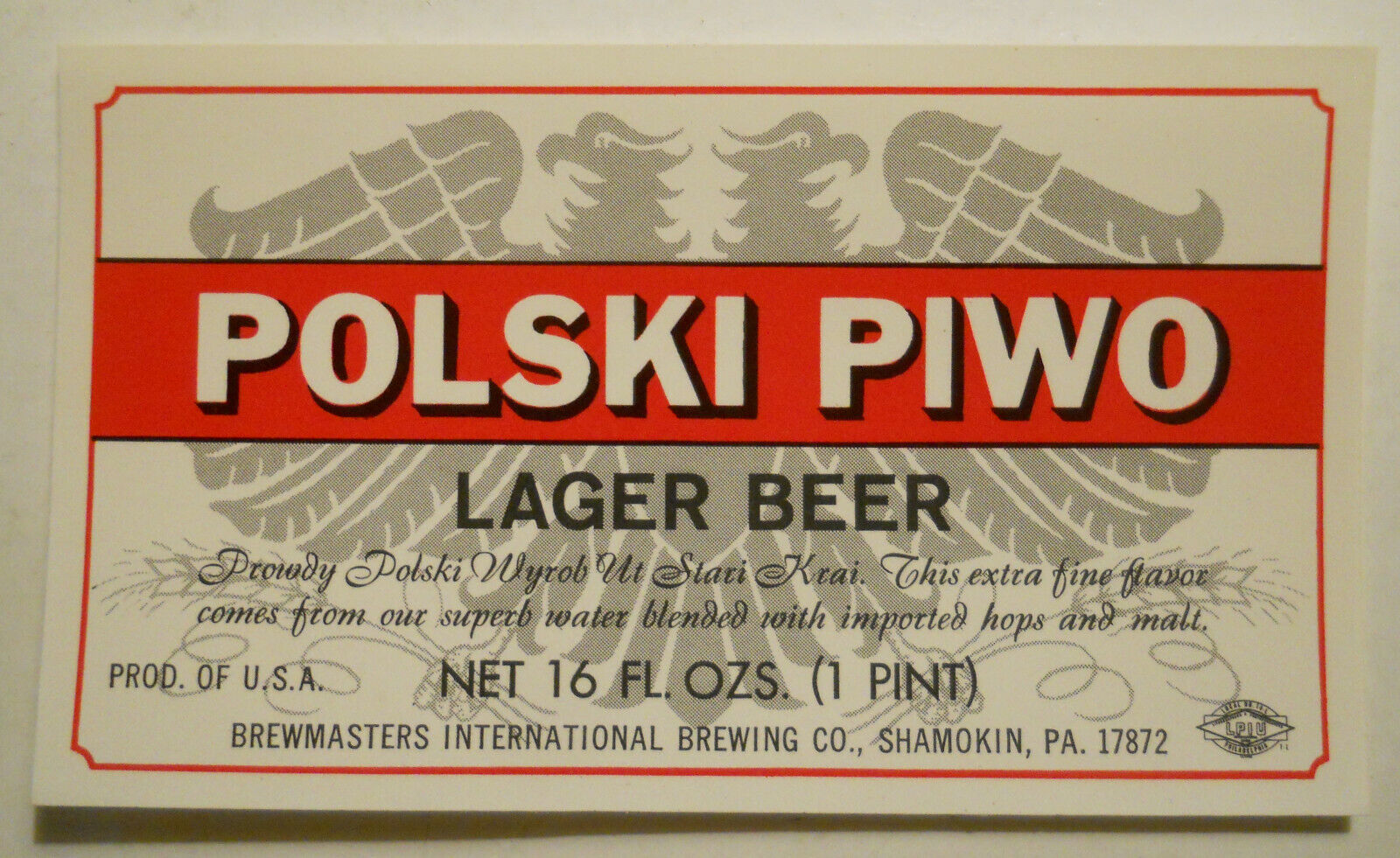 VIntage Polski Piwo Lager Beer (Shamokin, Pennsylvania) Beer Bottle Label
