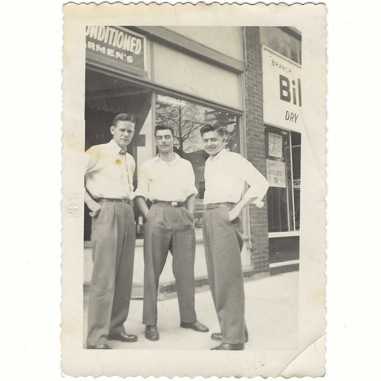 Three Dapper Men Standing On Old Main Street City Storefront 1940s Vintage Photo