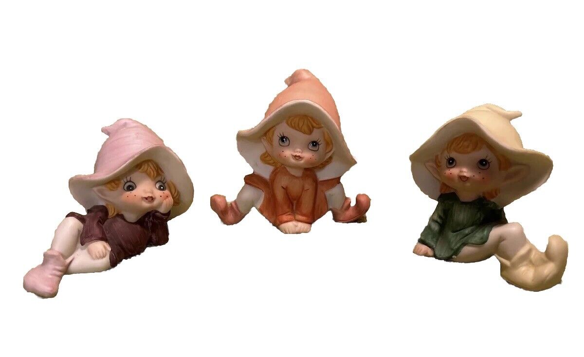 Vintage Homco Pixie Elf Fairies Set Of 3 Figurines Ceramic #5213 Whimsical
