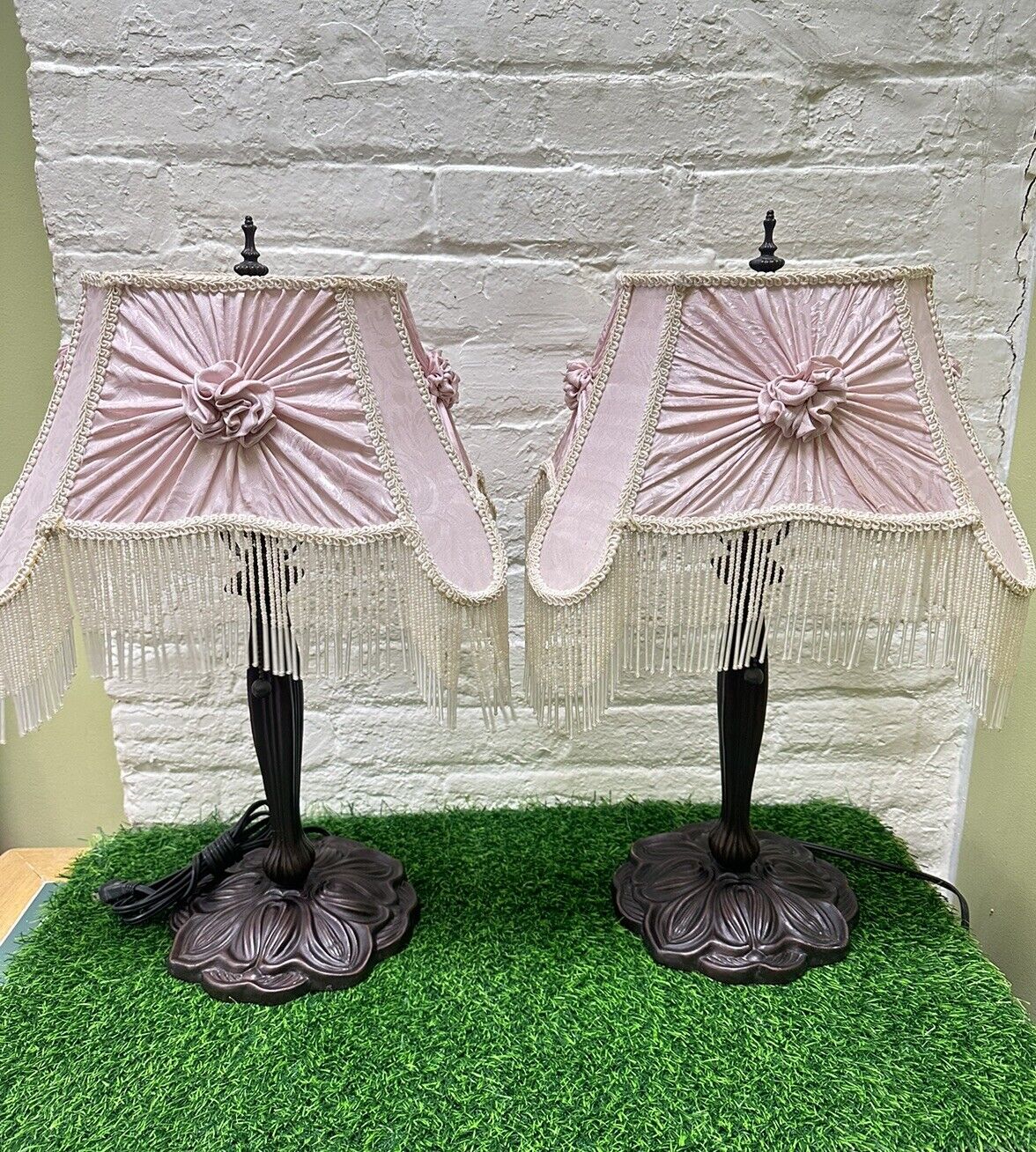 2 TIFFANY Style Pink Satin Beaded Fringe Victorian Shabby Chic Table Lamps Lamp