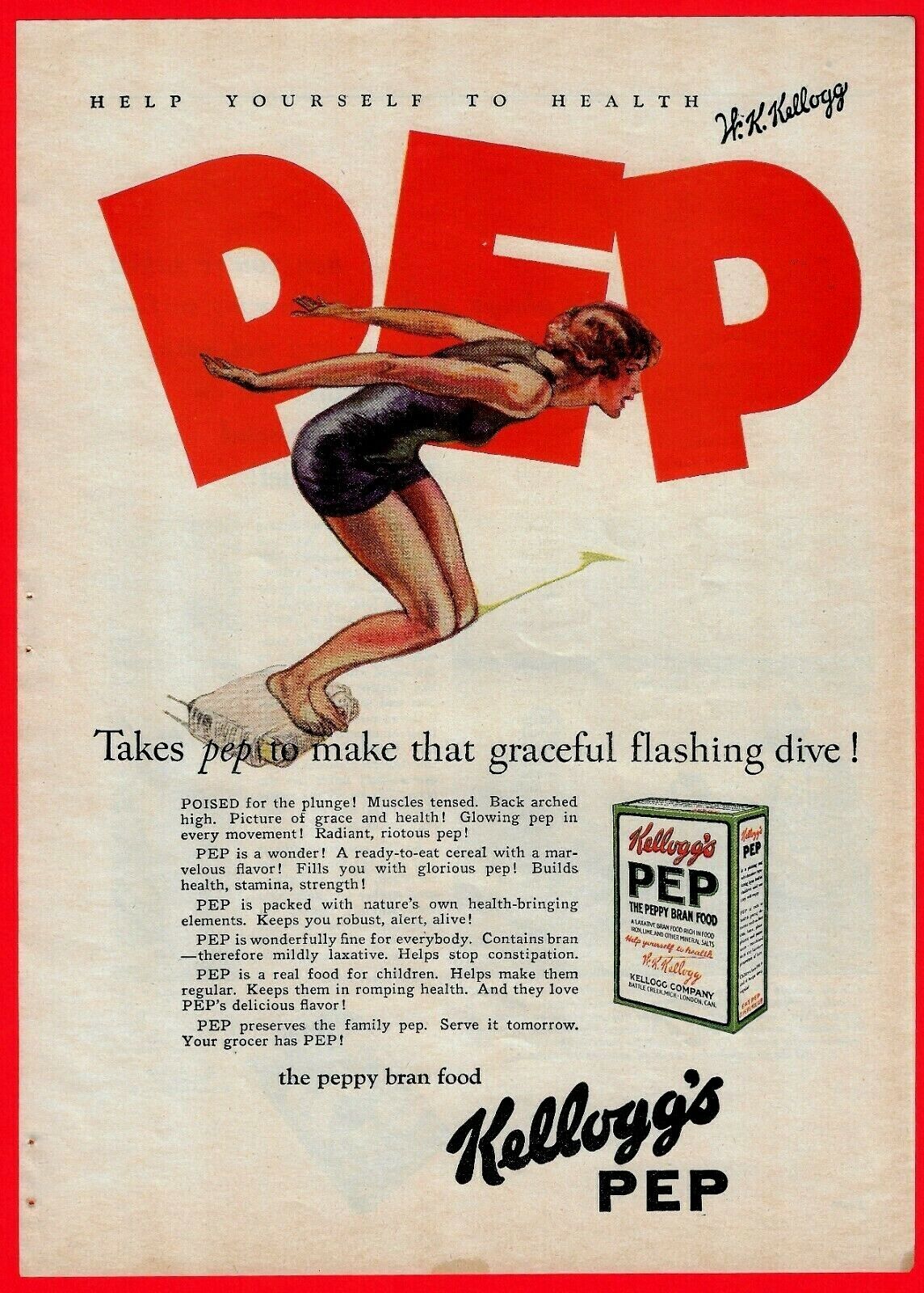 1926 KELLOGG\'S PEP CEREAL AD ~ THE PEPPY BRAN FOOD