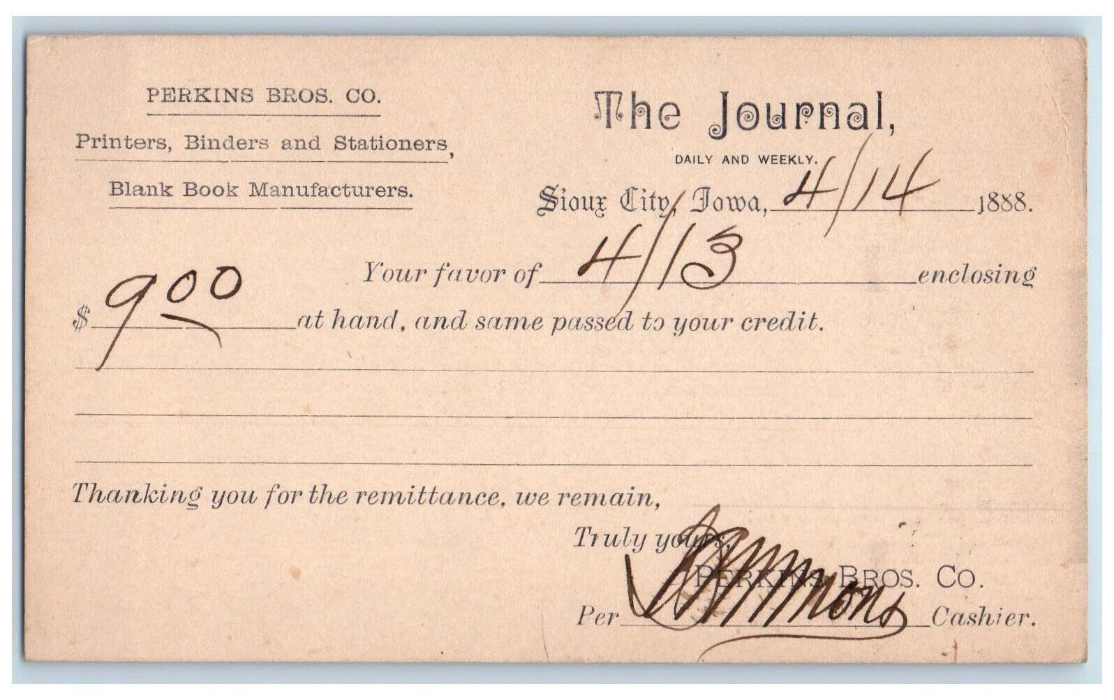 1888 Enclosing $900 Perkins Bros. Co. The Journal Sioux City Iowa IA Postal Card
