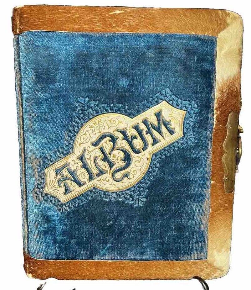 Antique Blue Velvet, Cow Hide Trim Photo Album Brass Closure Cabinet 1882, EUC